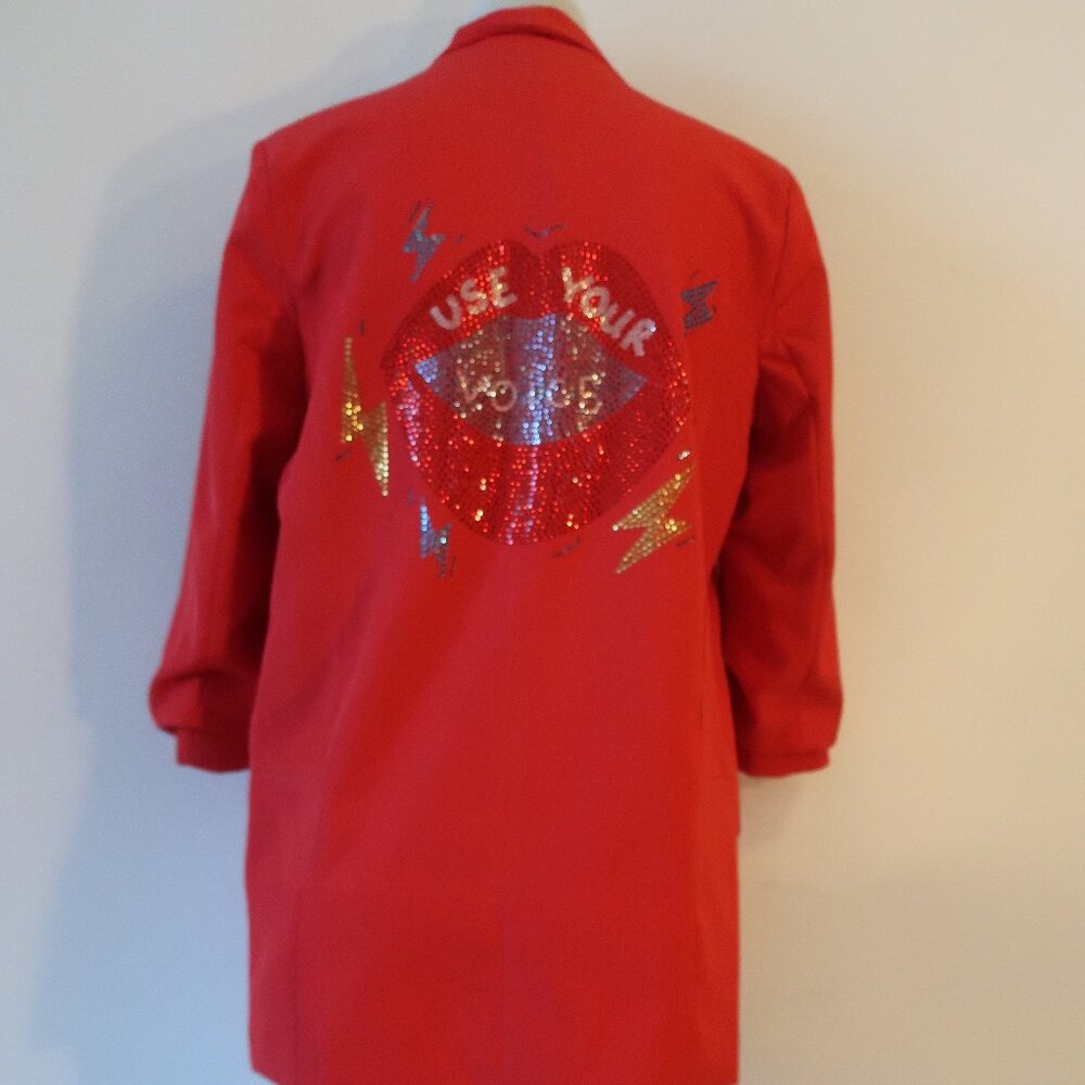 NWT Women Moving Forward Designs Red Rhinestone Use Your Voice Blazer Jacket S *